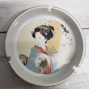 Vintage Japanese Geisha Ashtray  Ceramic Collectible with Gold Rim